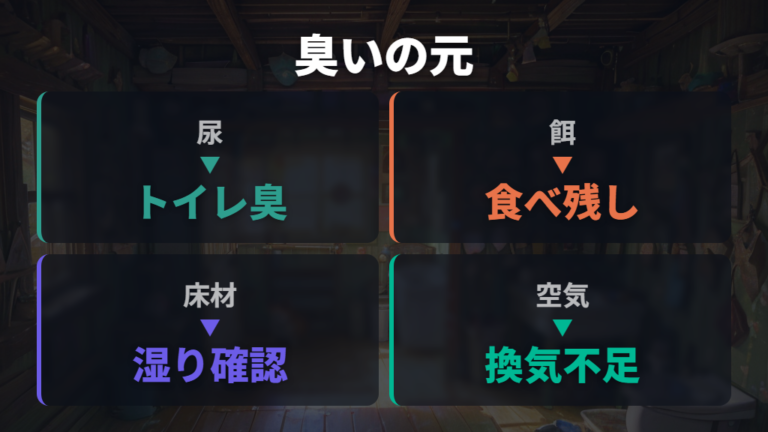 部屋が臭くなる主な原因は尿・餌・湿った床材に分かれる