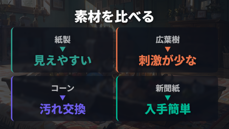 綿の代わりに使える巣材を紙・広葉樹・コーンで比べる