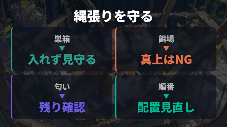 ケージ内で噛む縄張り意識は巣箱や餌場を守る反応として見る