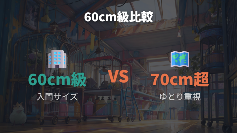 市販ケージのサイズ比較で60cm級と70cm超を見分ける