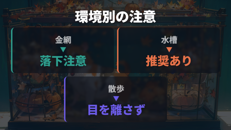 金網ケージでは、よじ登り・落下・挟まり事故に注意する
