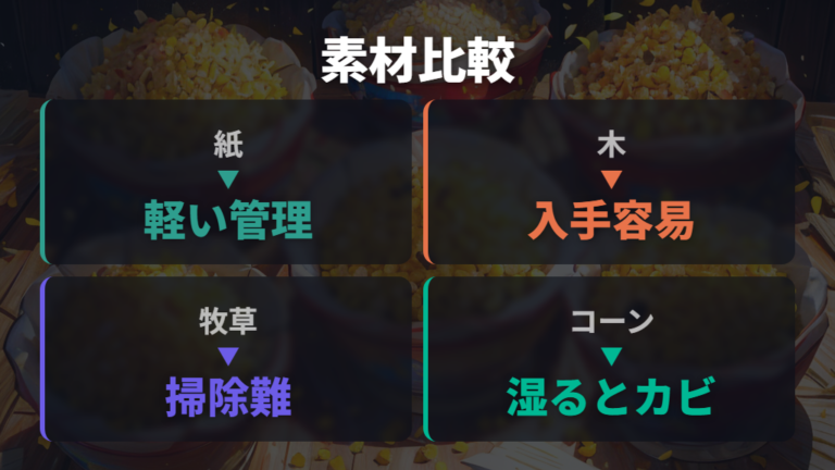 紙と他の床材の違いを木・牧草・コーンで比較する
