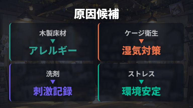 床材やアレルギーによる皮膚トラブルの原因候補を比べる