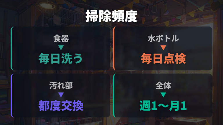 ケージ掃除の適切な頻度は場所ごとに分ける