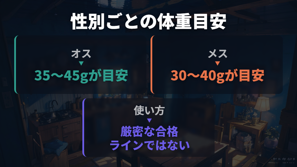 平均体重は何g?オス35〜45g・メス30〜40gが目安
