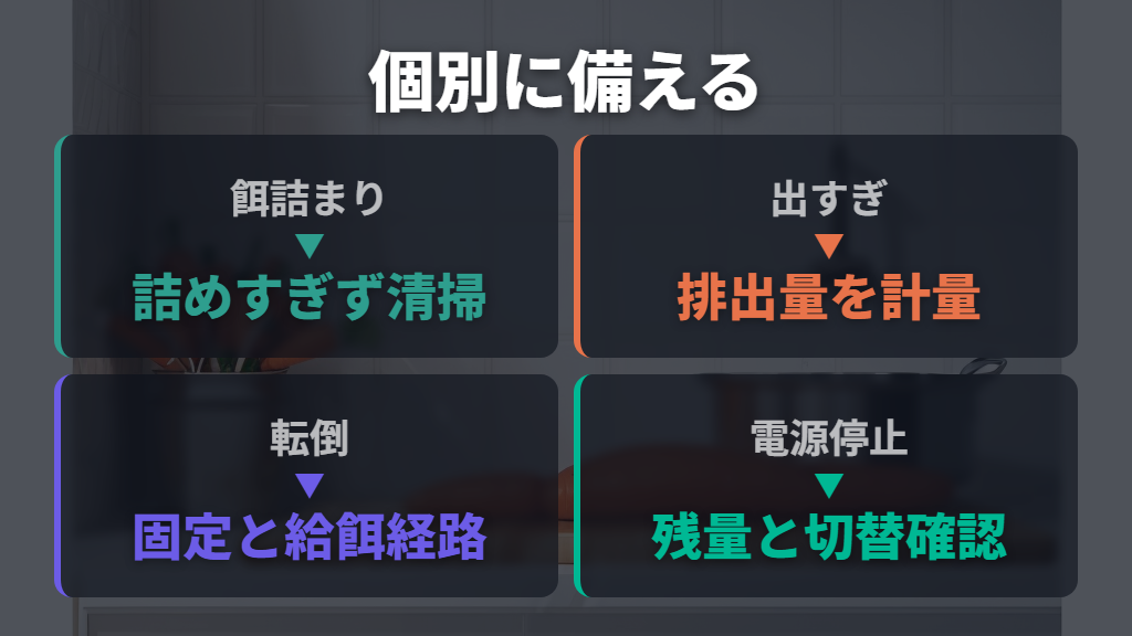 餌詰まり・出すぎ・転倒・電源停止を個別に防ぐ