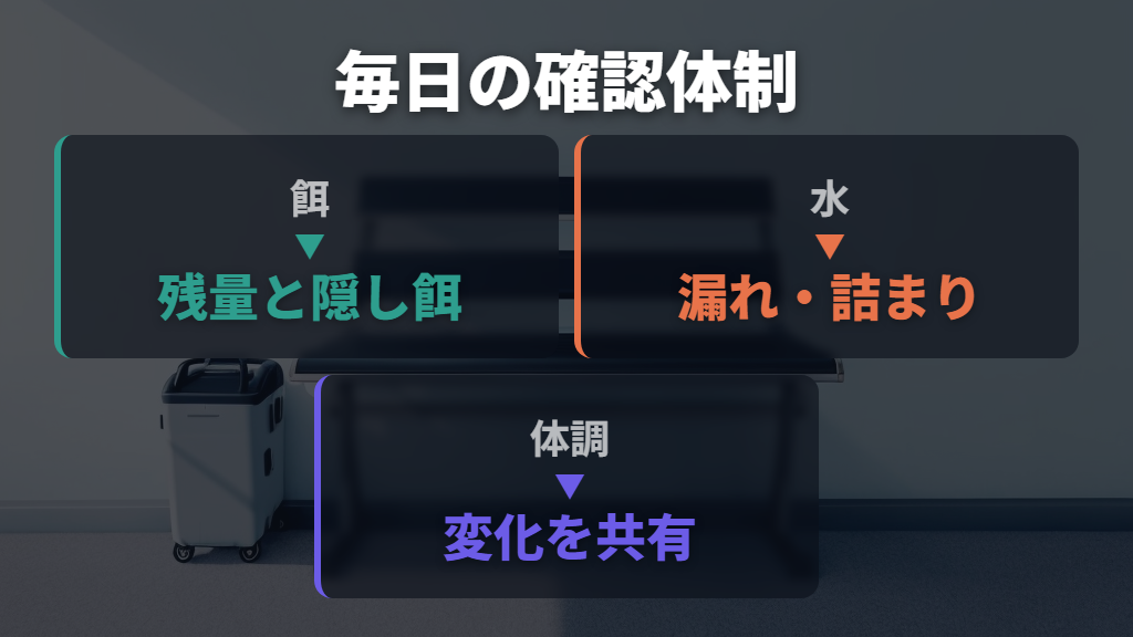 餌・水・食べ残しを毎日確認できる体制を整える