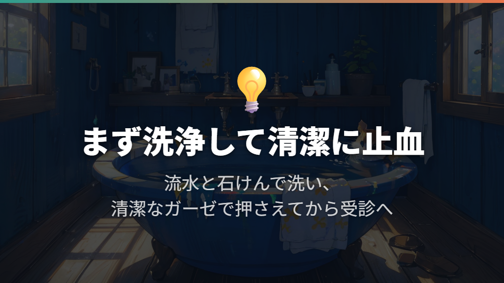 まず流水と石けんで洗い、清潔なガーゼで止血する