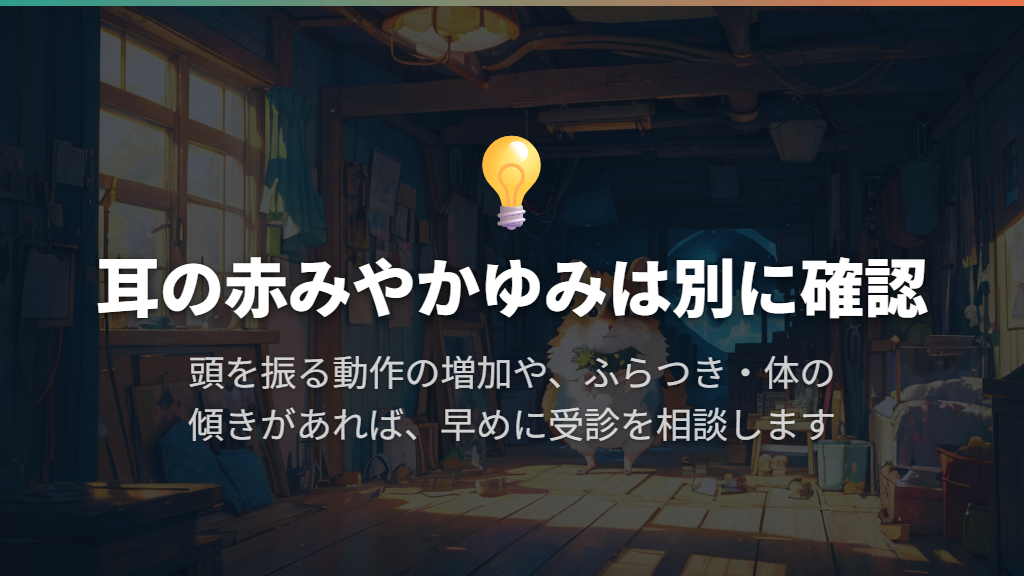 耳の赤み・繰り返すかゆみ・頭を振るしぐさや片側に傾いて歩く様子は別に確認する