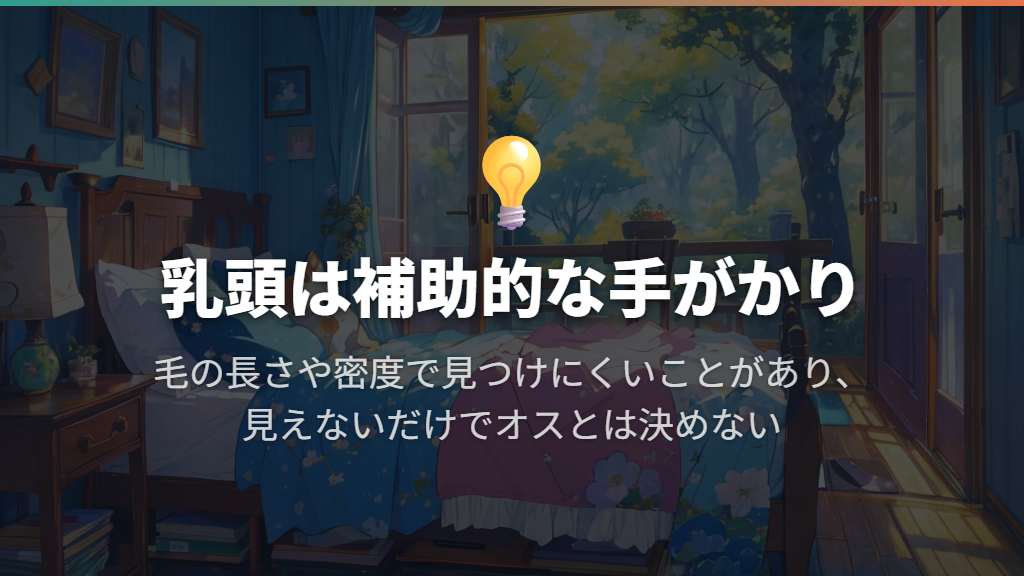 メスの乳頭も手がかり|毛で隠れて分かりにくいことも