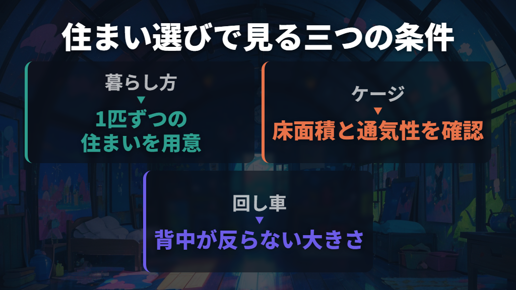 1匹ずつの住まいと、体に合う回し車を用意する