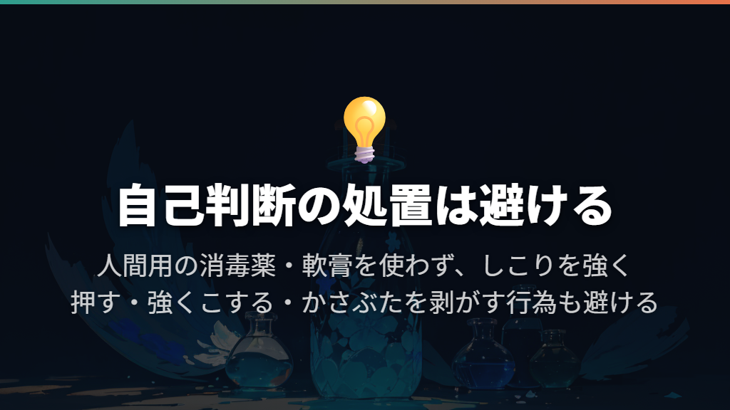 人間用の消毒薬・軟膏を自己判断で使うことや、かさぶたを剥がす処置は避ける