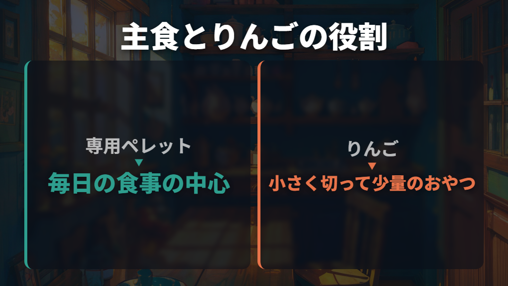 りんごは少量のおやつ。主食はペレットが基本
