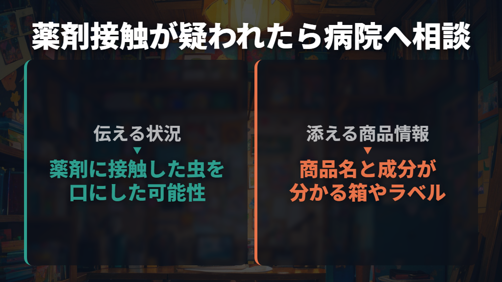 殺虫剤や毒餌への接触が疑われる場合は、商品情報を添えて相談