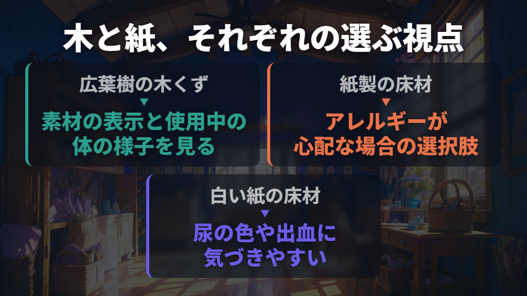 木くずと紙は、体質と観察のしやすさで選び分ける